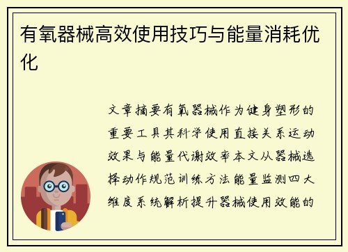 有氧器械高效使用技巧与能量消耗优化
