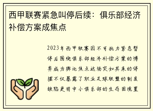西甲联赛紧急叫停后续：俱乐部经济补偿方案成焦点