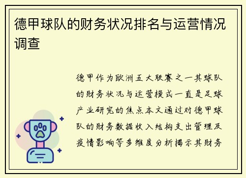德甲球队的财务状况排名与运营情况调查